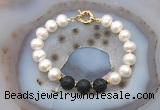 CFB1080 Hand-knotted 9mm - 10mm potato white freshwater pearl & black lava bracelet