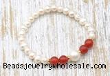 CFB608 6-7mm potato white freshwater pearl & red agate stretchy bracelet