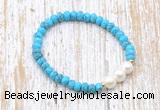 CFB704 faceted rondelle turquoise & potato white freshwater pearl stretchy bracelet