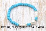 CFB705 faceted rondelle turquoise & potato white freshwater pearl stretchy bracelet