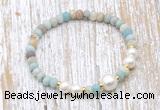 CFB708 faceted rondelle amazonite & potato white freshwater pearl stretchy bracelet