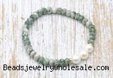 CFB716 faceted rondelle Qinghai jade & potato white freshwater pearl stretchy bracelet