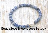 CFB718 faceted rondelle blue spot stone & potato white freshwater pearl stretchy bracelet