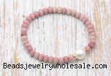 CFB727 faceted rondelle pink wooden jasper & potato white freshwater pearl stretchy bracelet