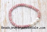 CFB728 faceted rondelle pink wooden jasper & potato white freshwater pearl stretchy bracelet