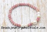 CFB729 faceted rondelle pink wooden jasper & potato white freshwater pearl stretchy bracelet