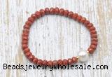 CFB730 faceted rondelle red jasper & potato white freshwater pearl stretchy bracelet