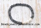 CFB752 faceted rondelle black labradorite & potato white freshwater pearl stretchy bracelet