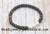 CFB755 faceted rondelle bronzite & potato white freshwater pearl stretchy bracelet