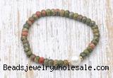 CFB757 faceted rondelle unakite & potato white freshwater pearl stretchy bracelet