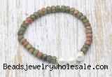 CFB758 faceted rondelle unakite & potato white freshwater pearl stretchy bracelet