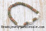 CFB759 faceted rondelle unakite & potato white freshwater pearl stretchy bracelet