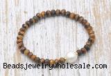 CFB766 faceted rondelle yellow tiger eye & potato white freshwater pearl stretchy bracelet