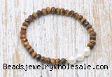 CFB767 faceted rondelle yellow tiger eye & potato white freshwater pearl stretchy bracelet