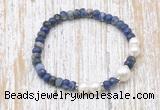 CFB771 faceted rondelle sodalite & potato white freshwater pearl stretchy bracelet