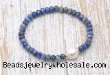 CFB772 faceted rondelle lapis lazuli & potato white freshwater pearl stretchy bracelet