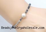 CFB811 4mm faceted round black rutilated quartz & potato white freshwater pearl bracelet