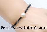 CFB825 4mm faceted round black tourmaline & potato white freshwater pearl bracelet