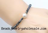 CFB829 4mm faceted round snowflake obsidian & potato white freshwater pearl bracelet