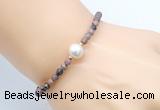 CFB831 4mm faceted round rhodonite & potato white freshwater pearl bracelet