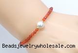 CFB832 4mm faceted round red agate & potato white freshwater pearl bracelet