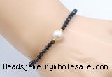 CFB833 4mm faceted round black onyx & potato white freshwater pearl bracelet