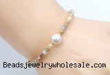 CFB834 4mm faceted round yellow crazy lace agate & potato white freshwater pearl bracelet