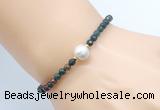 CFB837 4mm faceted round Indian bloodstone & potato white freshwater pearl bracelet