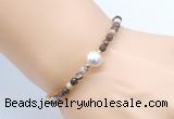 CFB839 4mm faceted round brown zebra jasper & potato white freshwater pearl bracelet