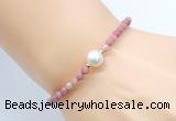 CFB841 4mm faceted round pink wooden jasper & potato white freshwater pearl bracelet