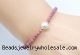 CFB842 4mm faceted round pink wooden jasper & potato white freshwater pearl bracelet