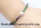 CFB845 4mm faceted round ruby zoisite & potato white freshwater pearl bracelet