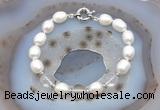 CFB908 Hand-knotted 9mm - 10mm rice white freshwater pearl & white crystal bracelet