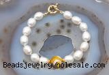 CFB919 Hand-knotted 9mm - 10mm rice white freshwater pearl & yellow banded agate bracelet