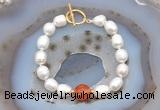 CFB921 Hand-knotted 9mm - 10mm rice white freshwater pearl & red banded agate bracelet