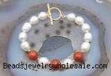 CFB927 Hand-knotted 9mm - 10mm rice white freshwater pearl & red jasper bracelet