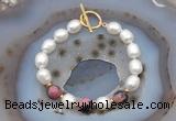 CFB929 Hand-knotted 9mm - 10mm rice white freshwater pearl & rhodonite bracelet