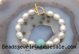 CFB939 Hand-knotted 9mm - 10mm rice white freshwater pearl & amazonite bracelet