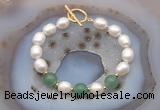 CFB944 Hand-knotted 9mm - 10mm rice white freshwater pearl & green aventurine bracelet