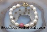 CFB947 Hand-knotted 9mm - 10mm rice white freshwater pearl & pink wooden jasper bracelet