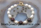 CFB948 Hand-knotted 9mm - 10mm rice white freshwater pearl & brecciated jasper bracelet