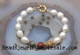 CFB949 Hand-knotted 9mm - 10mm rice white freshwater pearl & picasso jasper bracelet