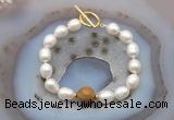 CFB951 Hand-knotted 9mm - 10mm rice white freshwater pearl & wooden jasper bracelet