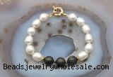 CFB958 Hand-knotted 9mm - 10mm rice white freshwater pearl & golden obsidian bracelet