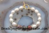 CFB963 Hand-knotted 9mm - 10mm rice white freshwater pearl & botswana agate bracelet