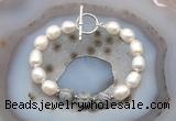 CFB969 Hand-knotted 9mm - 10mm rice white freshwater pearl & grey picture jasper bracelet