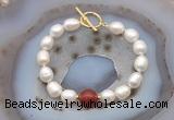 CFB974 Hand-knotted 9mm - 10mm rice white freshwater pearl & red agate bracelet