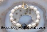 CFB979 Hand-knotted 9mm - 10mm rice white freshwater pearl & blue tiger eye bracelet