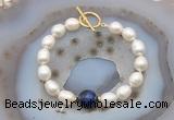 CFB980 Hand-knotted 9mm - 10mm rice white freshwater pearl & blue tiger eye bracelet