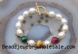 CFB982 Hand-knotted 9mm - 10mm rice white freshwater pearl & colorful tiger eye bracelet